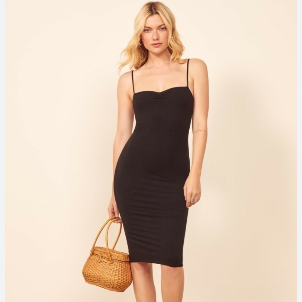 Reformation Black Bodycon Strappy Ribbed Knit Party Cocktail Midi Dress Size XS